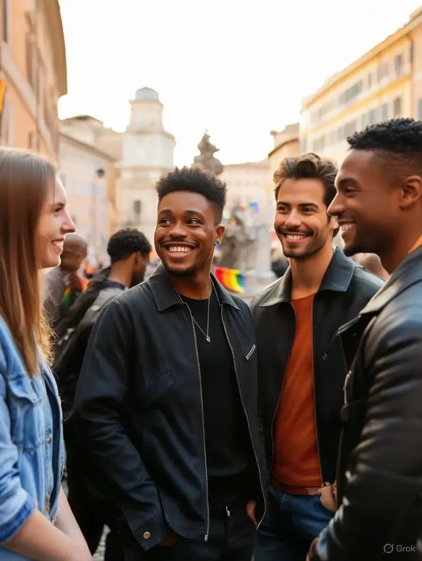 Gruppo di amici gay che chiacchierano in un caffè italiano
