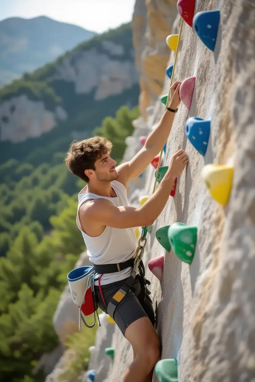 Ragazzo mediterraneo che fa arrampicata