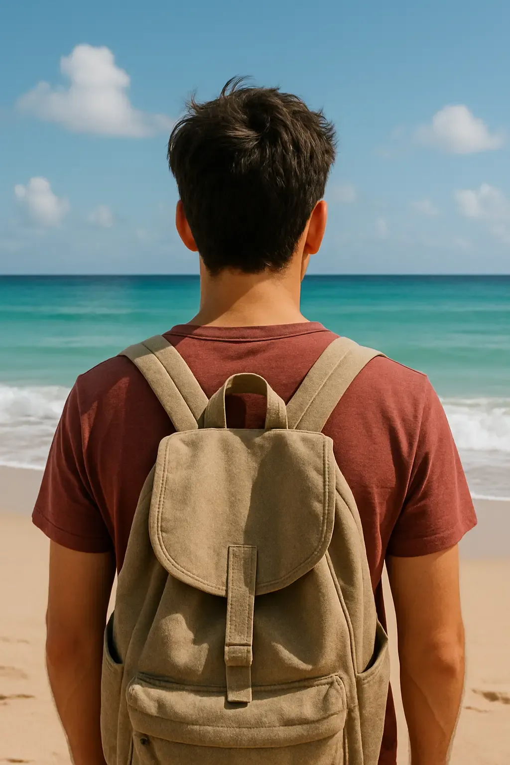 Ragazzo con zaino in spiaggia